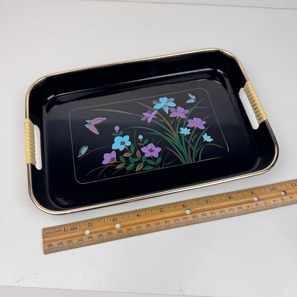Vtg Small Black‎ Tray Lacquer Plastic Gold Purple Blue Floral Butterlies Floral